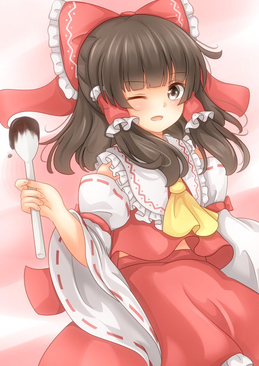 1girl ;d absurdres ascot bangs blouse blunt_bangs blush bow chocolate chocolate_hair commentary detached_sleeves frilled_shirt_collar frills hair_bow hair_ribbon hair_tubes hakurei_reimu highres large_bow looking_at_viewer medium_hair one_eye_closed open_mouth ribbon ribbon-trimmed_sleeves ribbon_trim skirt skirt_set smile solo spoon touhou unira valentine wide_sleeves yellow_neckwear