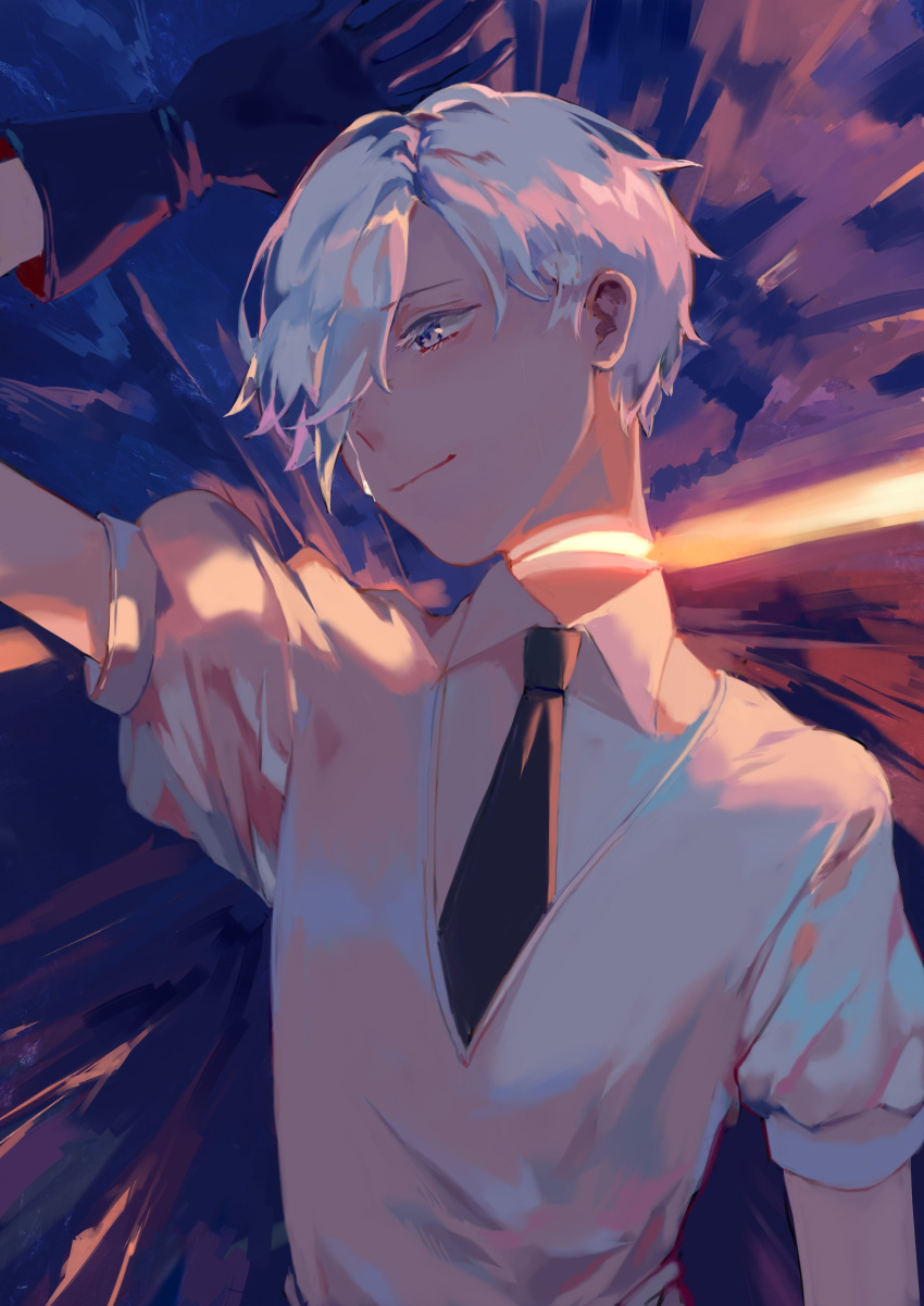 absurdres androgynous antarcticite gem_uniform_(houseki_no_kuni) gloves grey_eyes hair_over_one_eye highres houseki_no_kuni necktie short_hair smile solo tamomoko upper_body white_eyes white_hair