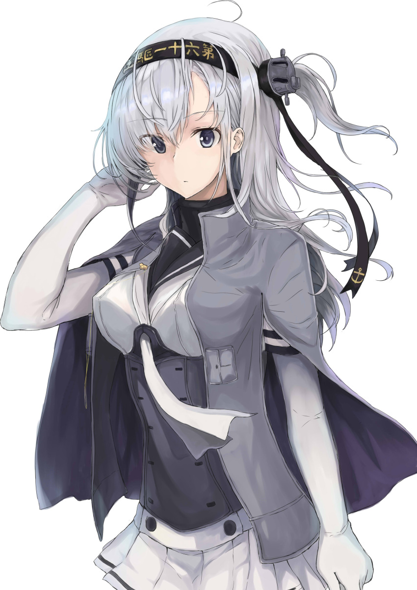 1girl absurdres black_eyes breasts elbow_gloves floating_hair gloves grey_jacket hand_in_hair headband highres jacket kantai_collection long_hair looking_at_viewer medium_breasts miniskirt mou_(piooooon) open_clothes open_jacket pleated_skirt side_ponytail silver_hair simple_background sketch skirt solo standing suzutsuki_(kantai_collection) very_long_hair white_background white_gloves white_skirt
