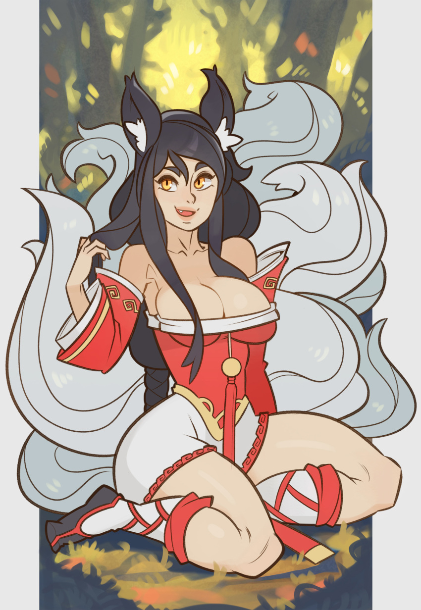1girl ahri animal_ears black_hair breasts cleavage detached_sleeves fang fox_ears fox_girl fox_tail full_body hand_in_hair highres korean_clothes league_of_legends off_shoulder open_mouth sitting smile solo splashbrush tail whisker_markings wide_sleeves yellow_eyes