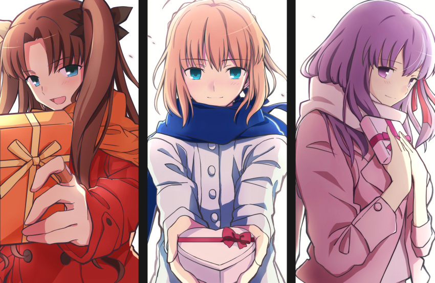 3girls ahoge artoria_pendragon_(all) black_hair blonde_hair blue_eyes blue_scarf blush box closed_mouth commentary_request eyebrows_visible_through_hair fate/stay_night fate_(series) gift gift_box green_eyes hair_ribbon highres holding holding_gift incoming_gift jacket long_hair looking_at_viewer matou_sakura multiple_girls open_mouth orange_scarf pink_jacket pink_scarf purple_hair red_jacket ribbon saber scarf short_hair smile tohsaka_rin twintails valentine violet_eyes white_jacket yuuma_(u-ma)