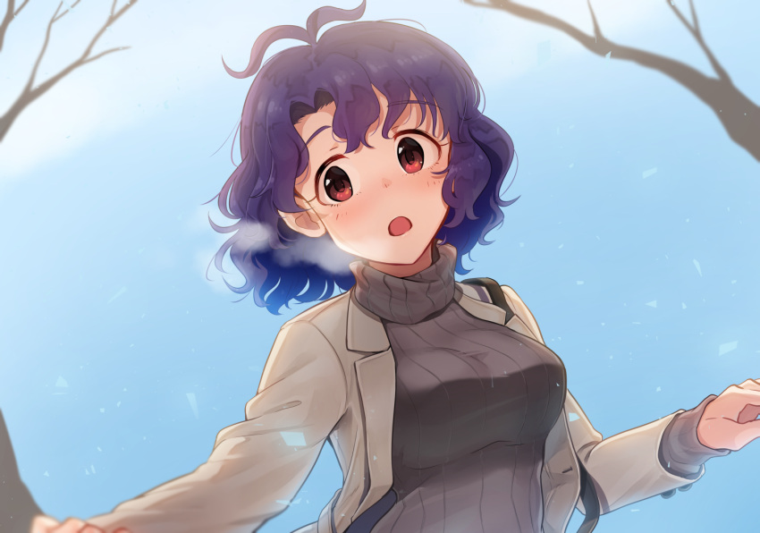 1girl antenna_hair blue_hair breasts brown_eyes coat curly_hair eyebrows_visible_through_hair idolmaster idolmaster_million_live! kamille_(vcx68) large_breasts looking_at_viewer open_mouth outdoors short_hair solo sweater toyokawa_fuuka tree turtleneck turtleneck_sweater