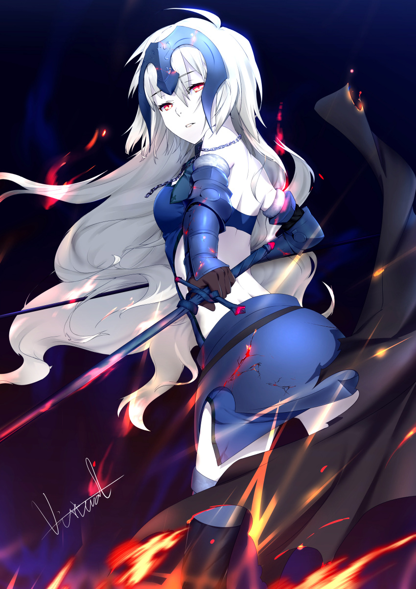 1girl absurdres armor armored_dress artist_name back banner bare_shoulders black_dress black_gloves chains dress eyebrows_visible_through_hair fate/grand_order fate_(series) fire gloves half-closed_eyes headpiece highres holding holding_sword holding_weapon jeanne_d'arc_(alter)_(fate) jeanne_d'arc_(fate)_(all) long_hair looking_at_viewer looking_back parted_lips red_eyes solo sword thigh-highs very_long_hair virtu.al weapon white_hair white_skin