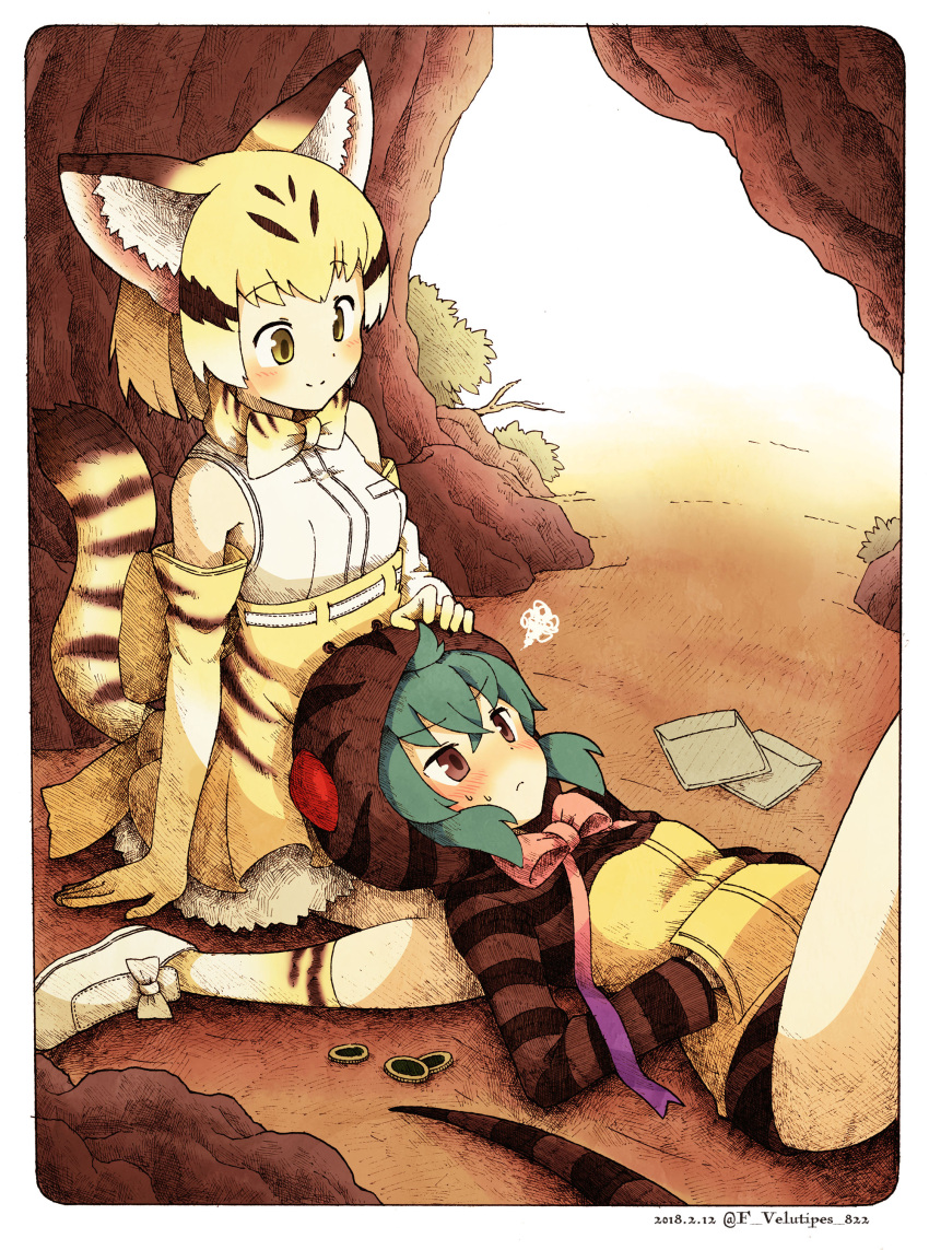2girls absurdres animal_ears bare_legs bare_shoulders blue_hair blush border bow bowtie cat_ears cat_tail cave coin commentary_request elbow_gloves enk_0822 frown gloves hand_on_another's_head hands_in_pockets highres hood hoodie japari_coin kemono_friends lap_pillow multicolored_hair multiple_girls pout rounded_corners sand_cat_(kemono_friends) short_hair skirt smile snake_tail socks squiggle tail tsuchinoko_(kemono_friends) yuri