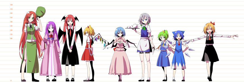 6+girls absurdres cirno commentary_request cup daitoutei daiyousei flandre_scarlet from_side full_body hands_on_hips hat hat_removed headwear_removed highres hong_meiling izayoi_sakuya koakuma looking_at_viewer multiple_girls no_hat no_headwear outstretched_arms patchouli_knowledge remilia_scarlet rumia shadow spread_arms teacup teapot the_embodiment_of_scarlet_devil touhou tray