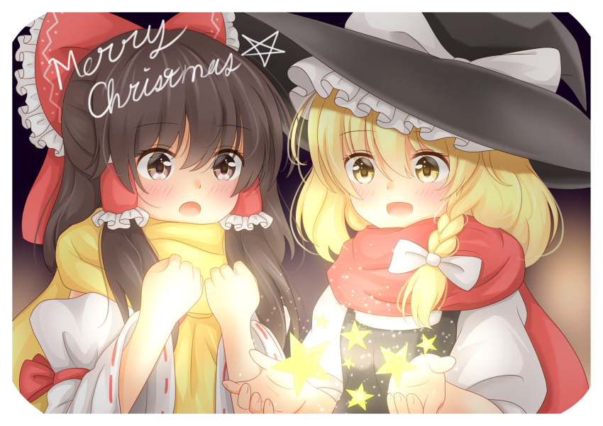 2girls :d :o absurdres blonde_hair blush bow brown_eyes chocolate_hair detached_sleeves fist_pump frilled_bow frilled_ribbon frills hair_bow hair_ribbon hair_tubes hakurei_reimu hat hat_bow hat_ribbon highres kirisame_marisa large_bow long_hair magic medium_hair merry_christmas multiple_girls open_mouth ribbon scarf smile star touhou unira vest witch_hat