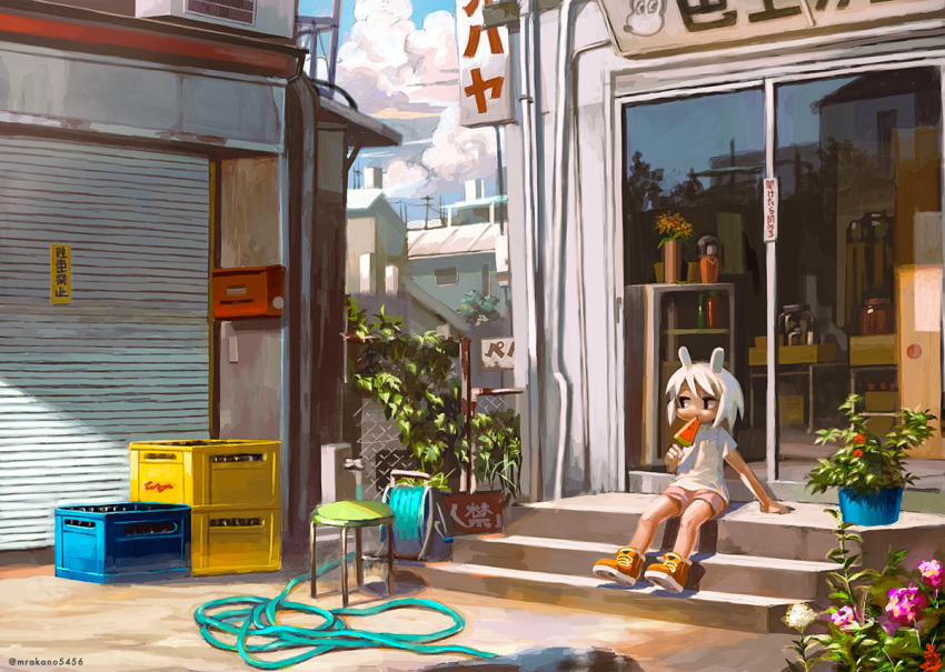 1girl animal_ears beer_crate black_eyes box building chain-link_fence clouds crate day door eating fence flower food glass_door holding hose hose_reel kokeshi kouka_(mrakano5456) looking_away mailbox no_socks orange_footwear original outdoors overhead_door plant popsicle potted_plant puddle rabbit_ears scenery shirt shoes short_hair short_sleeves shorts sitting sitting_on_stairs sketch sky sneakers solo stairs stool summer sunlight t-shirt tan twitter_username vase water watermelon_bar white_hair white_shirt wide_shot