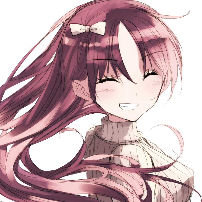 1girl absurdres blush blush_stickers bow brown_sweater clenched_teeth closed_eyes commentary_request drill_hair eyebrows_visible_through_hair from_side hair_between_eyes hair_bow highres long_hair mahou_shoujo_madoka_magica misteor open_mouth redhead sakura_kyouko solo teeth white_background white_bow