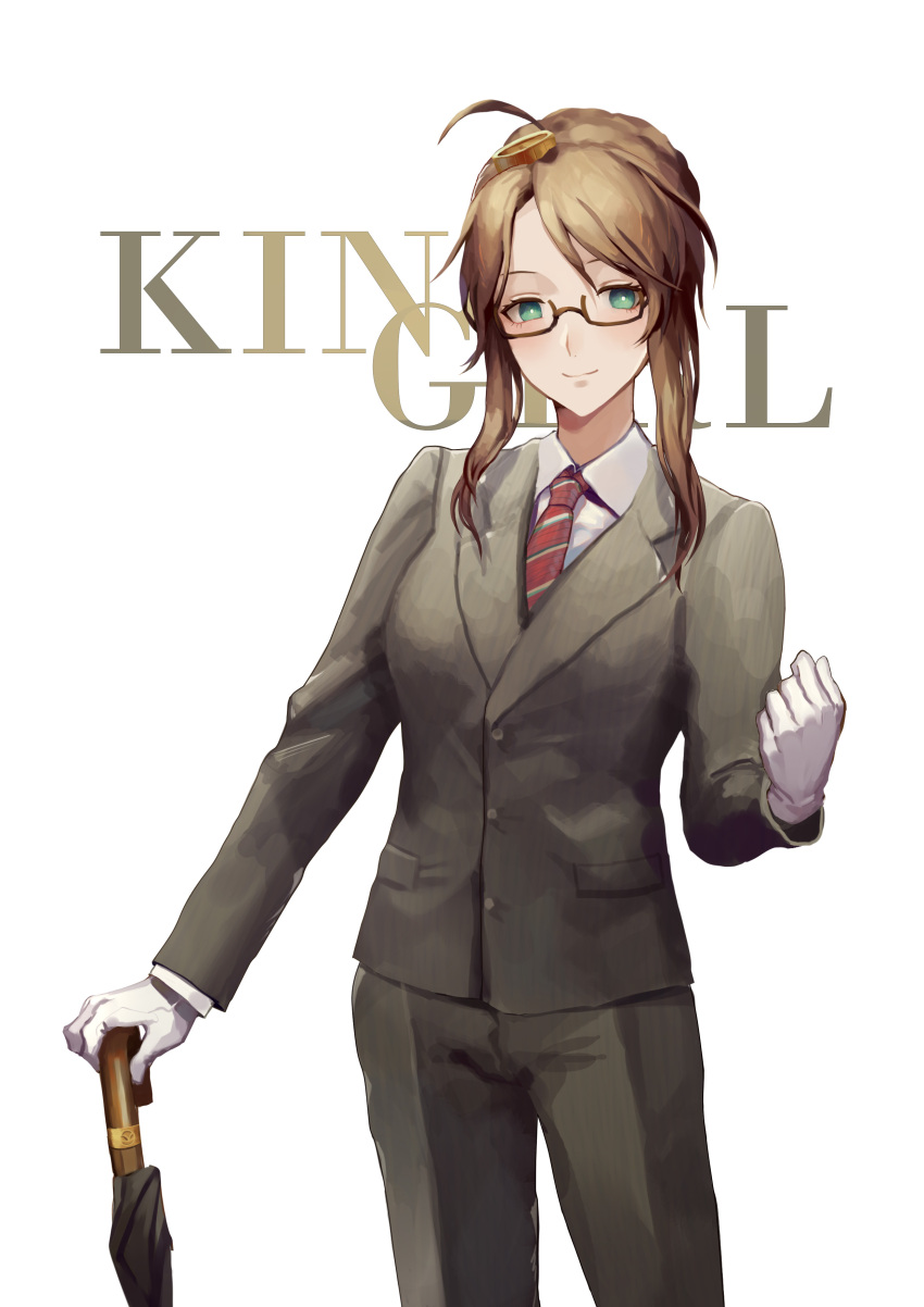 1girl absurdres ahoge ajirui alternate_costume alternate_hairstyle bangs blush braid breasts brown-framed_eyewear brown_hair buttons clenched_hand collared_shirt dress_shirt french_braid girls_frontline glasses gloves green_eyes hair_ornament hand_up highres holding holding_umbrella jacket large_breasts lee-enfield_(girls_frontline) long_hair long_sleeves looking_at_viewer pants pocket shirt simple_background smile solo standing striped striped_jacket striped_pants swept_bangs umbrella white_background white_gloves white_shirt