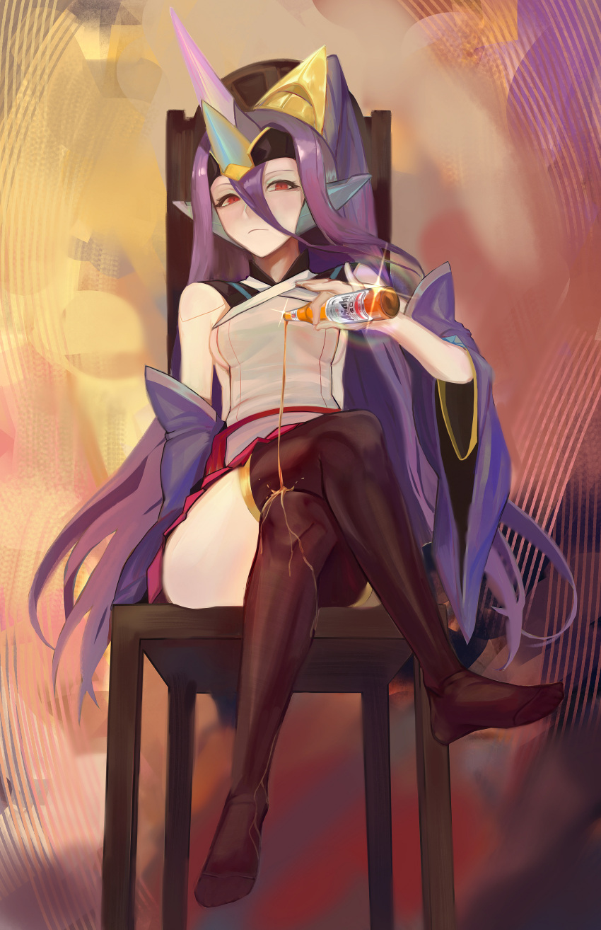 1girl absurdres alcohol beer black_legwear blazblue bottle breasts chair godsh0t highres long_hair looking_at_viewer ponytail purple_hair sitting solo thigh-highs very_long_hair violet_eyes
