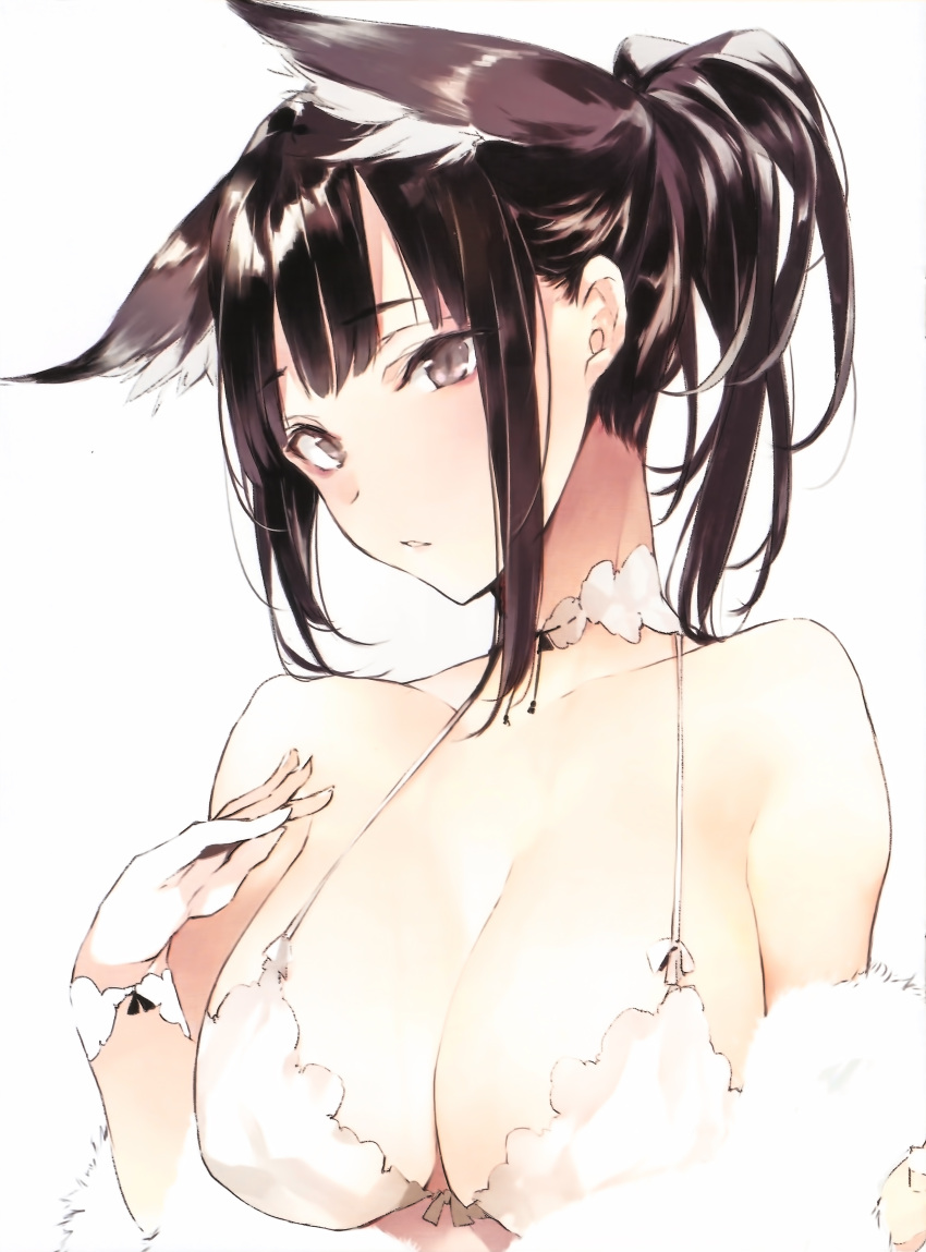 1girl absurdres animal_ears black_eyes black_hair breasts choker cleavage cropped eyebrows_visible_through_hair eyeliner highres makeup original parted_lips ponytail scan shunsei_(muratou) sidelocks simple_background solo upper_body white_bikini_top wrist_cuffs