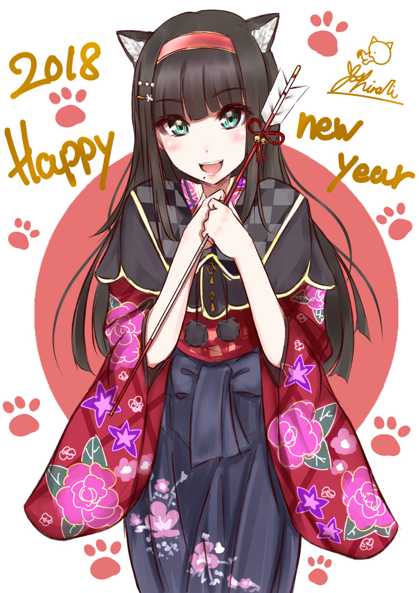 1girl 2018 :d absurdres animal_ears arrow bangs bell black_hakama blunt_bangs blush capelet checkered cowboy_shot dog_ears eyebrows_visible_through_hair floral_print green_eyes hair_ornament hairband hakama hamaya happy_new_year highres japanese_clothes jingle_bell kaya_(yoshina9) kemonomimi_mode kimono kurosawa_dia long_hair long_sleeves looking_at_viewer love_live! love_live!_sunshine!! navel new_year open_mouth own_hands_together paw_background pom_pom_(clothes) red_hairband red_ribbon ribbon rose_print round_teeth signature smile solo standing straight_hair teeth wide_sleeves
