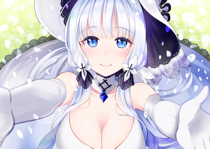 1girl azur_lane bare_shoulders blue_eyes choker collarbone commentary_request dress elbow_gloves from_above gloves hair_tubes illustrious_(azur_lane) long_hair looking_at_viewer looking_up off-shoulder_dress off_shoulder reaching_out simple_background smile solo white_dress white_gloves white_hair yuna_(yukiyuna)