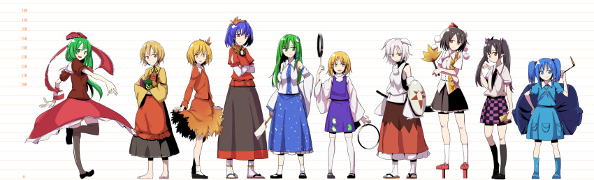 6+girls absurdres aki_minoriko aki_shizuha animal_ears arm_up asymmetrical_hair bag barefoot black_hair black_legwear blonde_hair blue_hair boots checkered checkered_skirt daitoutei detached_sleeves double_spoiler fan food frilled_skirt frills frog_hair_ornament fruit geta green_eyes green_hair hair_ornament hand_on_hip hat height_chart highres himekaidou_hatate ibuki_suika inubashiri_momiji kagiyama_hina kawashiro_nitori key kochiya_sanae long_hair long_skirt looking_at_viewer miniskirt moriya_suwako mountain_of_faith multiple_girls no_headwear one_leg_raised open_mouth phone pom_pom_(clothes) red_eyes red_ribbon ribbon sandals shameimaru_aya shield short_hair silver_hair simple_background skirt skirt_lift skirt_set standing sword tengu-geta tokin_hat touhou twintails weapon yasaka_kanako yellow_eyes zouri