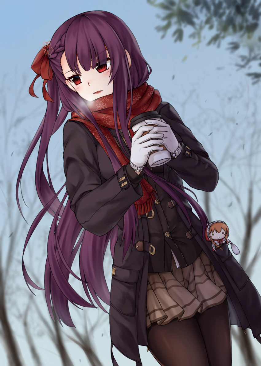 1girl bangs bare_tree black_coat blue_sky blunt_bangs blurry blurry_background blush braid breath brown_legwear brown_skirt character_doll character_request chien_zero coat cup day depth_of_field dutch_angle enpera eyebrows_visible_through_hair floral_print french_braid fringe girls_frontline gloves hair_ribbon highres holding holding_cup lips little_red_riding_hood long_sleeves looking_to_the_side miniskirt open_clothes open_coat outdoors pantyhose paper_cup plaid plaid_skirt print_scarf red_scarf redhead ribbon scarf skirt sky solo straight_hair tree tsurime two-handed wa2000_(girls_frontline) white_gloves