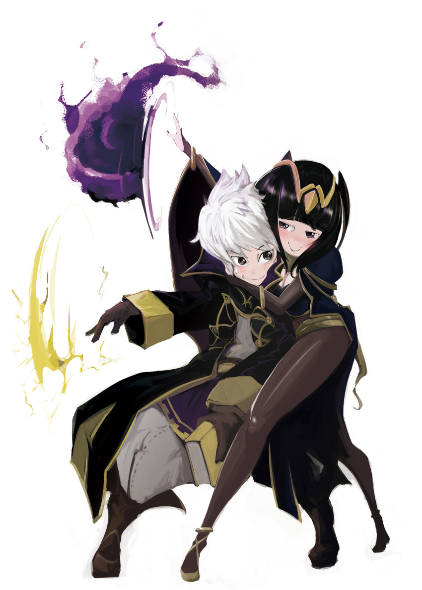 1boy 1girl :&gt; black_hair book cape cloak epheel fire_emblem fire_emblem:_kakusei highres hug magic my_unit_(fire_emblem:_kakusei) simple_background smile tharja tiara white_hair