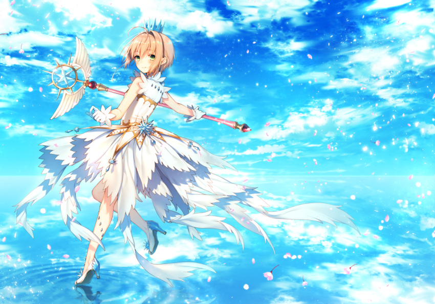 1girl bangs blue_sky blush card_captor_sakura closed_mouth clouds cloudy_sky crown day dress eyebrows_visible_through_hair flower gloves green_eyes hair_between_eyes high_heels holding holding_wand horizon kinomoto_sakura light_brown_hair looking_at_viewer looking_to_the_side mini_crown ocean outdoors petals pink_flower reflection ripples sky sleeveless sleeveless_dress smile solo standing standing_on_one_leg toosaka_asagi wand water white_dress white_footwear white_gloves yume_no_tsue