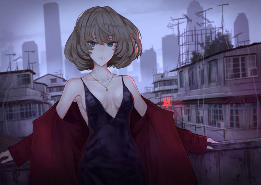 1girl against_railing antenna_hair armpits bangs bare_shoulders black_dress blue_eyes breasts brown_hair building city cleavage closed_mouth collarbone dress dutch_angle evening_gown fog house idolmaster idolmaster_cinderella_girls jacket lips long_sleeves looking_at_viewer medium_breasts mole mole_under_eye off_shoulder open_clothes open_jacket outdoors railing red_jacket short_hair sign skyscraper sleeves_past_wrists takagaki_kaede tsurime upper_body yasukura_(shibu11)