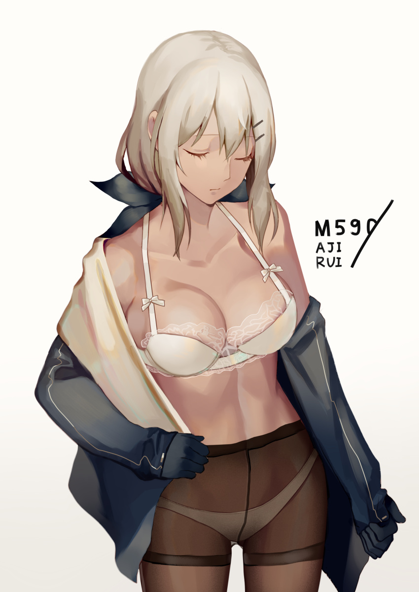 1girl absurdres ajirui artist_name bangs bare_legs black_gloves black_jacket black_legwear bow bow_bra bra breasts character_name cleavage closed_eyes closed_mouth clothes_removed collarbone cropped_jacket crossed_bangs crotch_seam dark_skin expressionless eyebrows_visible_through_hair girls_frontline gloves gluteal_fold gradient gradient_background hair_between_eyes hair_ornament hairclip highres holding_clothes jacket lace lace-trimmed_bra large_breasts lingerie long_hair low-tied_long_hair mossberg_m590_(girls_frontline) off_shoulder panties panties_under_pantyhose pantyhose shirt sidelocks silver_hair simple_background solo stomach thighband_pantyhose thighs underwear undressing white_panties white_shirt