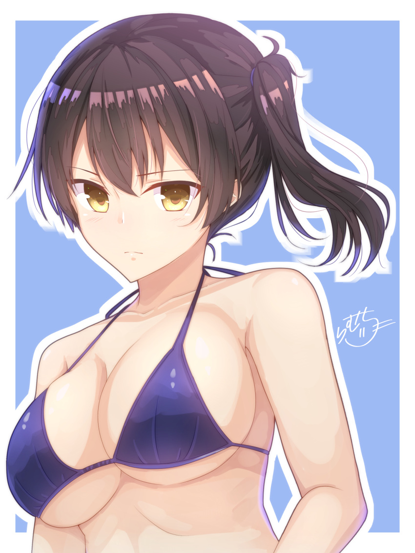 1girl bangs bare_shoulders bikini bikini_top blue_background blue_bikini breasts brown_hair cleavage collarbone halter_top halterneck highres kaga_(kantai_collection) kantai_collection large_breasts looking_at_viewer outline ramchi serious shiny shiny_hair short_hair side_ponytail signature simple_background solo string_bikini swimsuit under_boob upper_body v-shaped_eyebrows white_outline yellow_eyes