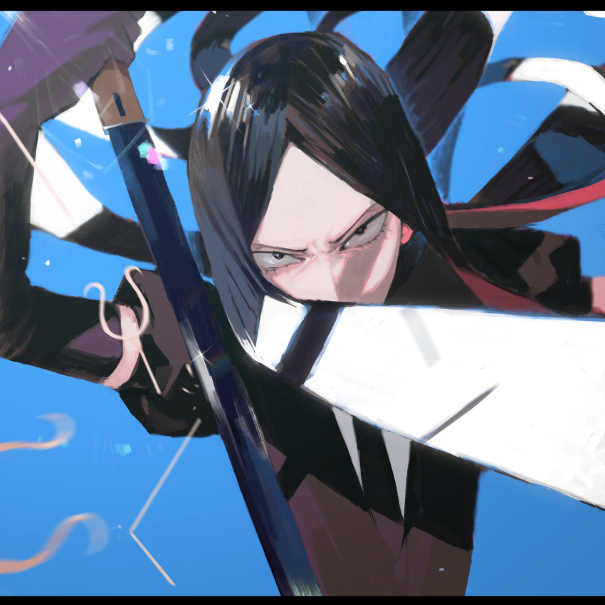 absurdres androgynous angry black_eyes black_hair bort frown gem_uniform_(houseki_no_kuni) highres houseki_no_kuni letterboxed long_hair looking_at_viewer necktie solo sword upper_body weapon