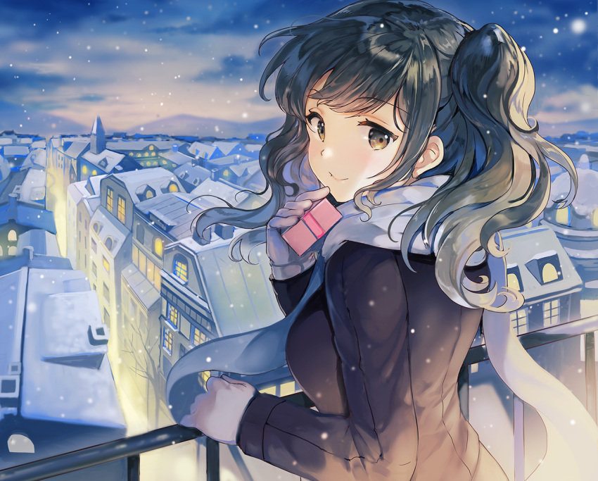 1girl bangs black_coat black_eyes black_hair blue_hair box cityscape coat commentary_request gift gift_box holding holding_gift long_sleeves looking_at_viewer looking_back night night_sky original railing scarf sibyl sky smile solo two_side_up upper_body valentine