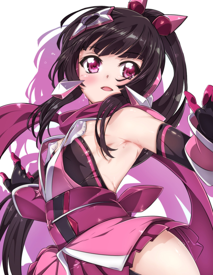1girl armor bangs black_hair blunt_bangs breasts elbow_gloves erect_nipples gloves headgear highres japanese_clothes long_hair looking_at_viewer niko_(tama) open_mouth pink_eyes ribs scarf senki_zesshou_symphogear shiny shiny_hair shiny_skin simple_background small_breasts solo sweat tsukuyomi_shirabe twintails white_background