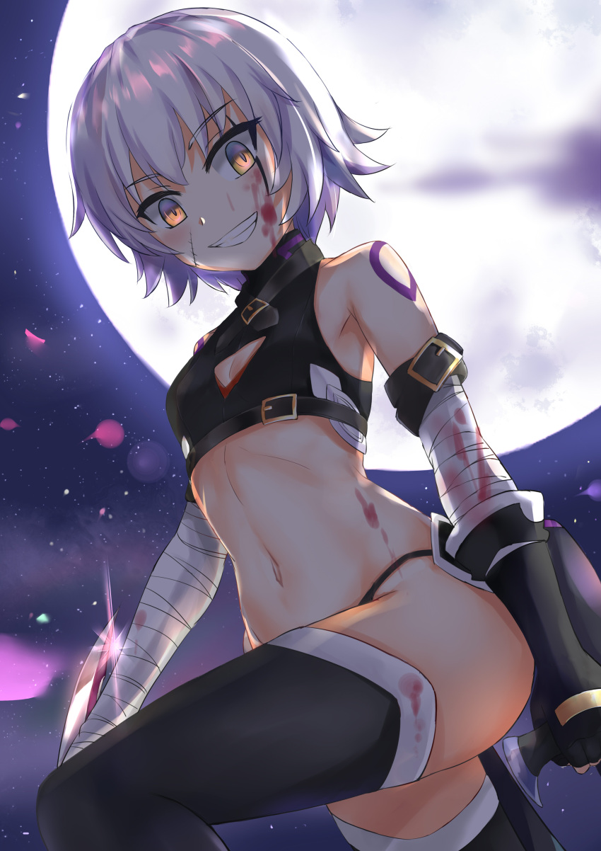 1girl absurdres bandage black_gloves black_legwear black_panties blood blood_on_face brown_eyes cleavage_cutout crop_top day dual_wielding eyebrows_visible_through_hair facial_scar fate/apocrypha fate_(series) fingerless_gloves full_body gloves grin highres holding holding_knife jack_the_ripper_(fate/apocrypha) knife koi0806 looking_at_viewer midriff navel outdoors panties petals scar scar_on_cheek short_hair silver_hair sky smile solo star_(sky) starry_sky stomach tattoo thigh-highs underwear