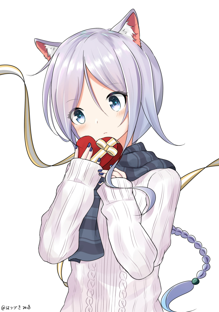 1girl animal_ears blue_eyes box braid cat_ears chocolate chocolate_heart gift gift_box hatsuzuki_527 heart highres kantai_collection kemonomimi_mode long_hair looking_away ribbed_sweater scarf silver_hair simple_background single_braid solo sweater twitter_username umikaze_(kantai_collection) valentine white_background