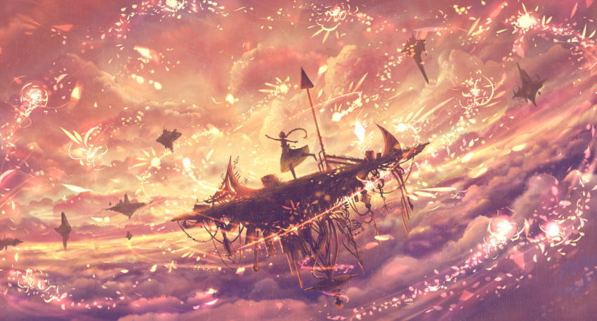 1girl arms_up backlighting braid clouds cloudy_sky dress evening facing_away floating_island leg_up light_particles long_hair original sakimori_(hououbds) scenery single_braid sky solo standing standing_on_one_leg sunlight very_long_hair