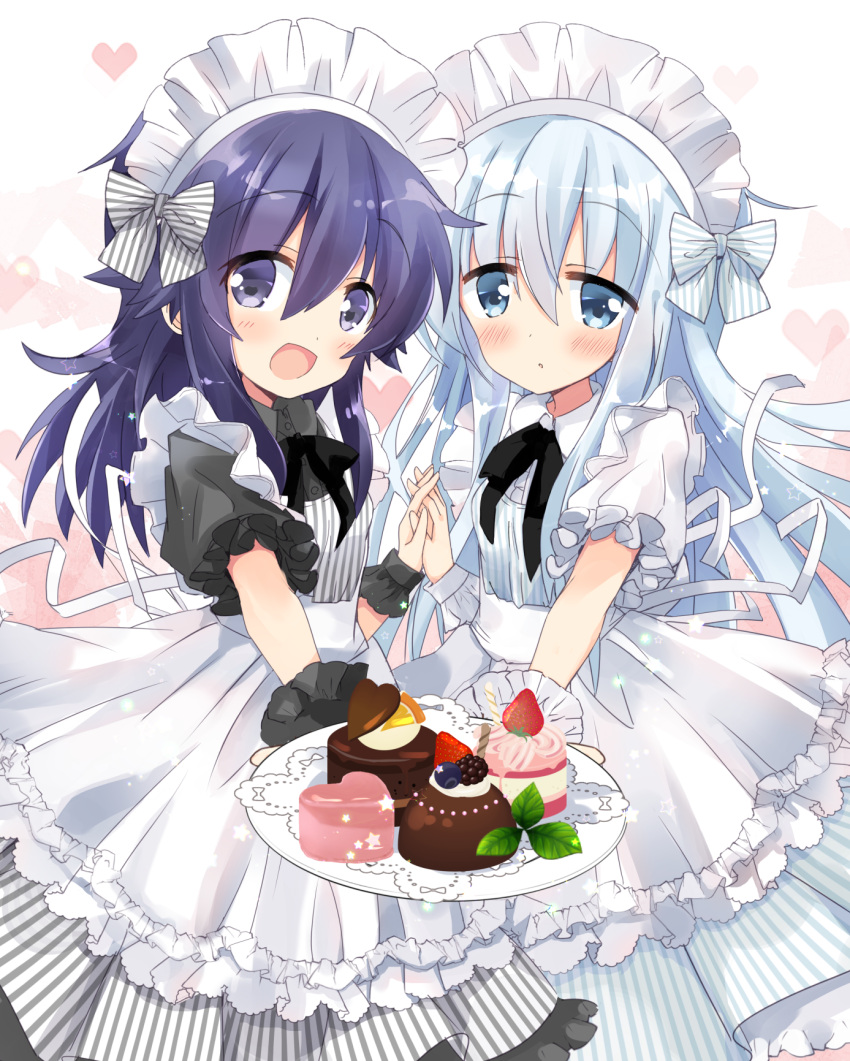 2girls :d :o akatsuki_(kantai_collection) alternate_costume apron bangs black_dress blue_eyes blue_hair blush commentary_request cupcake doily dress enmaided eyebrows_visible_through_hair food hair_between_eyes hands_together heart heart_background hibiki_(kantai_collection) highres hizuki_yayoi holding holding_plate interlocked_fingers kantai_collection long_hair looking_at_viewer maid maid_headdress multiple_girls open_mouth parted_lips plate puffy_short_sleeves puffy_sleeves purple_hair short_sleeves smile sweets valentine very_long_hair violet_eyes white_dress wrist_cuffs