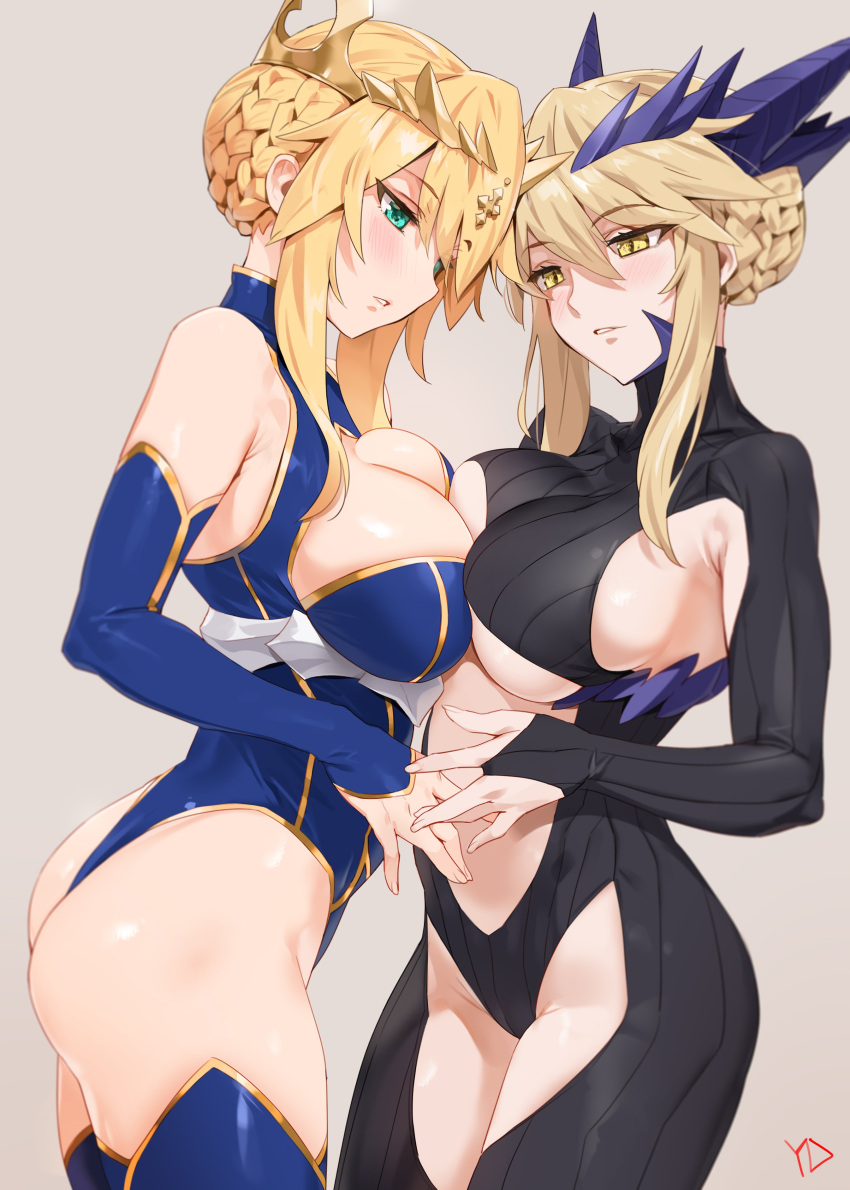 2girls absurdres aqua_eyes artoria_pendragon_(all) artoria_pendragon_(lancer) artoria_pendragon_(lancer_alter) ass blonde_hair blue_legwear braid breast_press breasts center_opening cleavage_cutout contrapposto cowboy_shot crown eyebrows_visible_through_hair fate/grand_order fate_(series) from_side hair_between_eyes hair_bun hand_holding highres horns large_breasts leotard multiple_girls parted_lips short_hair sidelocks simple_background symmetrical_docking thigh-highs under_boob yang-do yellow_eyes
