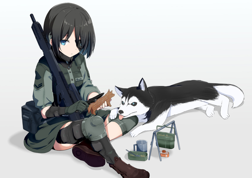 1girl animal asymmetrical_sleeves bangs black_hair blue_eyes boots breasts brown_footwear closed_mouth commentary_request cup dog eyebrows_visible_through_hair eyepatch gloves gochou_(atemonai_heya) green_gloves green_jacket green_skirt gun hair_between_eyes highres holding holding_knife jacket knife long_sleeves looking_at_viewer mug original puffy_long_sleeves puffy_short_sleeves puffy_sleeves short_sleeves single_glove sitting skirt small_breasts solo spoon tongue tongue_out weapon weapon_request