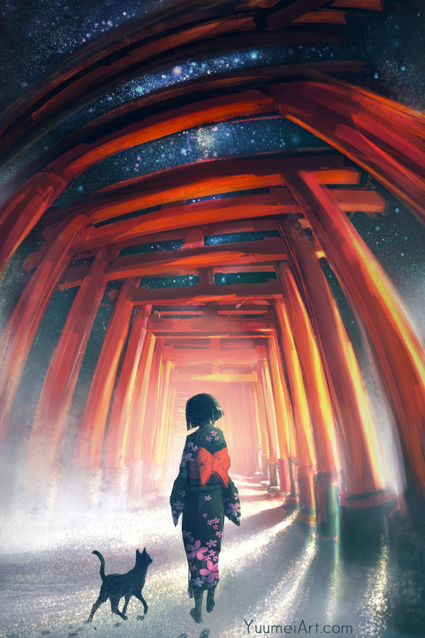 1girl alternate_hair_length alternate_hairstyle black_cat black_hair cat from_behind fushimi_inari highres inari_konkon_koi_iroha. japanese_clothes kimono outdoors short_hair sky solo star_(sky) starry_sky torii walking watermark web_address wenqing_yan yukata