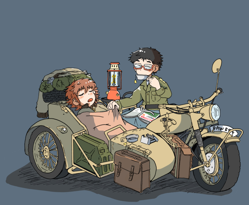 1boy 1girl bag black_hair drinking glasses ground_vehicle jerry_can lantern magazine motor_vehicle motorcycle orange_hair original polyester_putty school_bag short_hair sidecar simple_background sleeping spare_tire