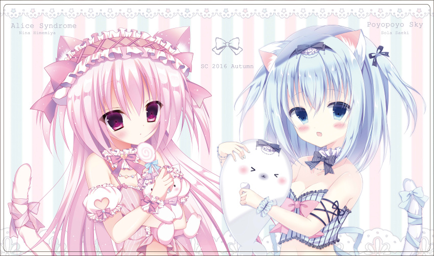 &gt;_&lt; 1girl 2016 :d :o absurdres animal_ears artist_name babydoll bangs bare_shoulders blue_bow blue_eyes blue_hair blue_nails blue_ribbon blush bow breasts candy cat_ears cat_girl cat_tail cleavage collar collarbone commentary_request detached_collar eyebrows_visible_through_hair fingernails food frilled_collar frilled_hairband frills hair_between_eyes highres holding holding_lollipop holding_stuffed_animal lace_border lollipop looking_at_viewer medium_breasts nail_polish object_hug open_mouth original parted_lips pink_hair pink_ribbon puffy_short_sleeves puffy_sleeves ribbon saeki_sora short_sleeves smile solo strapless striped stuffed_animal stuffed_cat stuffed_seal stuffed_toy swirl_lollipop tail tail_bow tail_ribbon two_side_up vertical-striped_background vertical_stripes violet_eyes