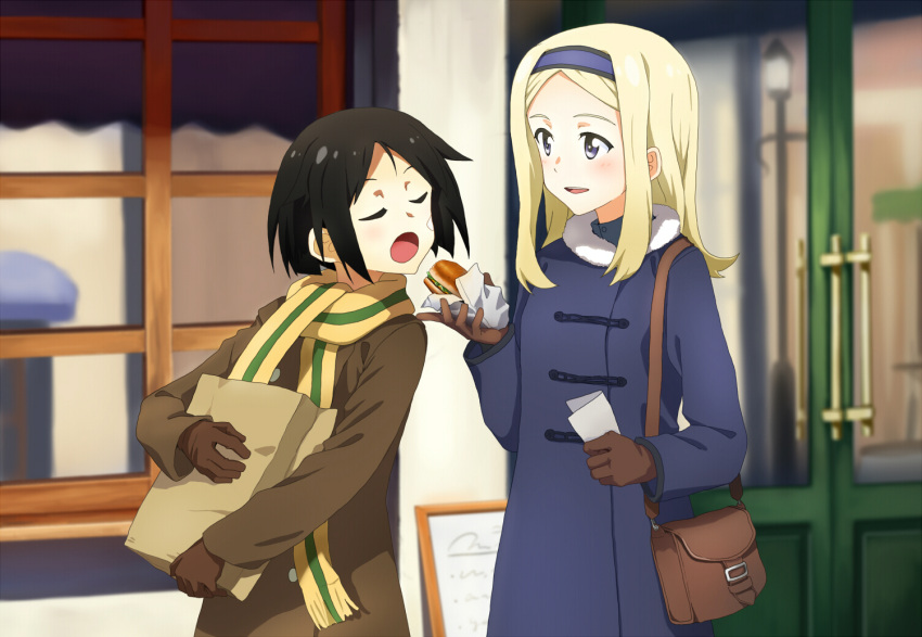 2girls aleksandra_i_pokryshkin bag bandage bandage_on_face bangs blonde_hair blue_coat blue_eyes blue_hairband blurry blush brave_witches brown_coat brown_gloves buttons closed_eyes coat depth_of_field door eyebrows feeding food fur_collar gloves hairband handbag holding holding_bag holding_food holding_paper kanno_naoe lamppost long_hair long_sleeves looking_at_another multiple_girls open_mouth outdoors paper paper_bag parted_bangs sandwich scarf shiratama_(hockey) smile standing straight_hair window world_witches_series yellow_scarf