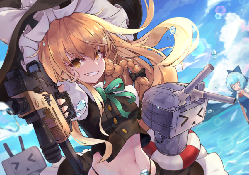 &gt;_&lt; 0_0 2girls :d aiming_at_viewer bangs black_bow black_hat black_skirt black_vest blonde_hair blue_bow blue_dress blue_sky bow braid breasts cirno crossover day dress dutch_angle frilled_hat frills green_neckwear green_ribbon grin gun hair_bow hat hat_bow holding holding_gun holding_weapon kantai_collection kirisame_marisa lifebuoy long_hair looking_at_viewer midriff multiple_girls navel neck_ribbon ocean open_mouth outstretched_arm pantie_painting red_neckwear red_ribbon rensouhou-chan ribbon shiny shiny_hair side_braid skirt sky small_breasts smile solo_focus sparkle stomach teeth thong touhou triangle_mouth tsurime upper_body v-shaped_eyebrows very_long_hair vest water water_drop weapon white_bow witch_hat yellow_eyes