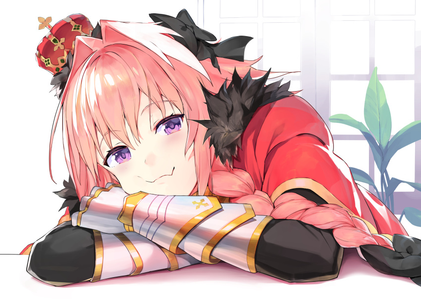 1boy astolfo_(fate) bangs black_bow bow braid cape closed_mouth commentary_request crossed_arms crown eyebrows_visible_through_hair fang fate/grand_order fate_(series) fur-trimmed_cape fur_trim gauntlets hair_bow hair_intakes head_rest highres indoors leaning_forward long_hair looking_at_viewer male_focus nanotaro pink_hair plant red_cape single_braid sitting solo trap violet_eyes window