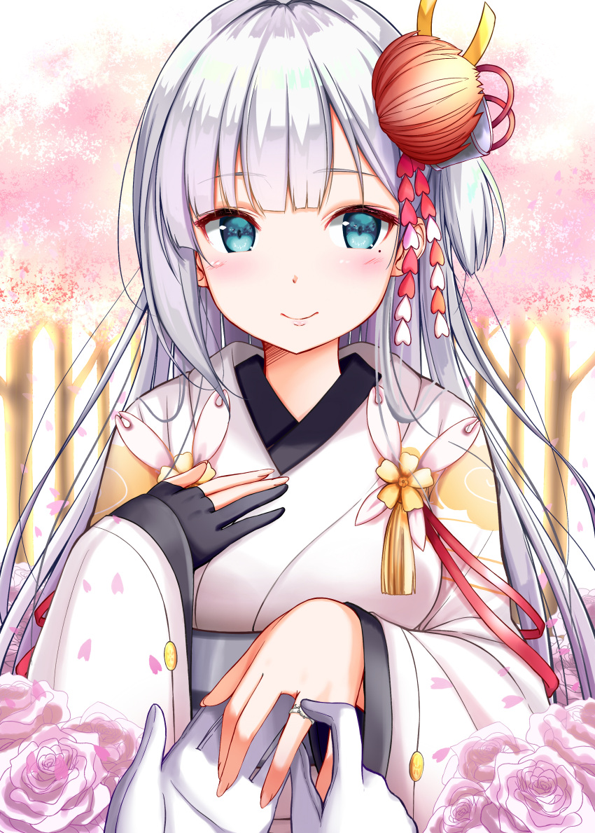 1girl absurdres azur_lane bangs black_gloves blue_eyes blush closed_mouth commentary_request eyebrows_visible_through_hair fingernails flower gloves hair_ornament highres japanese_clothes jewelry kimono long_hair long_sleeves looking_at_viewer mole mole_under_eye na53 one_side_up out_of_frame partly_fingerless_gloves petals pink_flower pink_rose ring rose shoukaku_(azur_lane) silver_hair single_glove sleeves_past_wrists smile solo_focus sunlight tree very_long_hair wedding_ring white_gloves white_kimono wide_sleeves