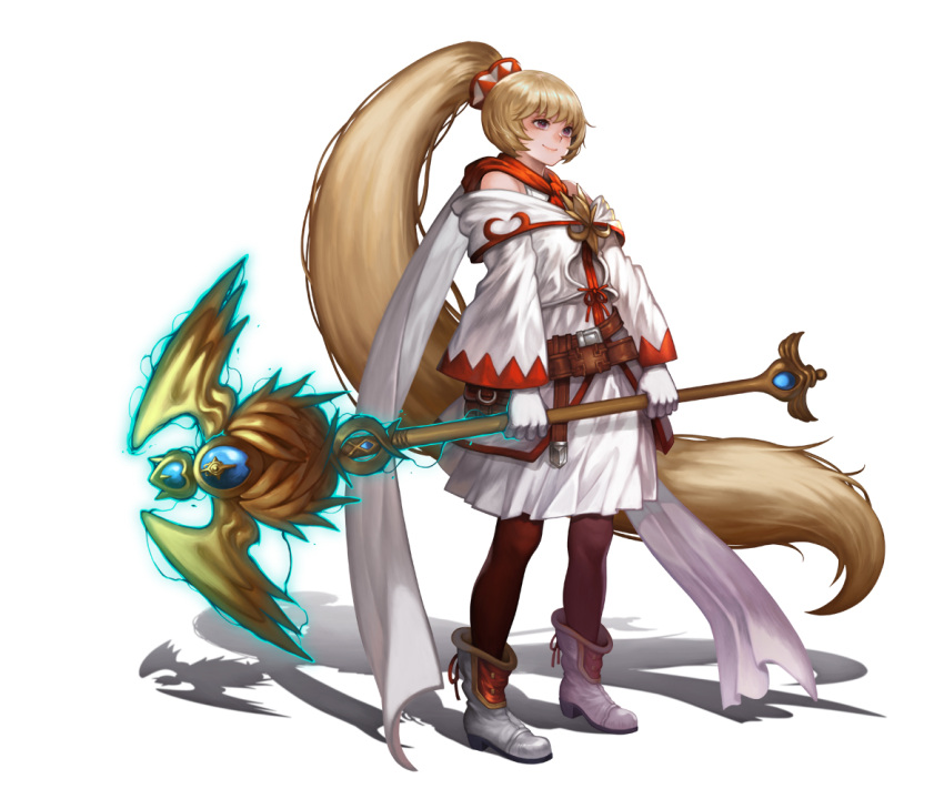 1girl absurdly_long_hair ayaka_(final_fantasy) bangs bare_shoulders belt black_legwear blonde_hair boots brown_belt closed_mouth dress eyebrows facing_away final_fantasy final_fantasy_brave_exvius full_body gem gloves high_ponytail holding holding_staff lapucelle_(arasoo1210) legs_apart long_hair long_sleeves looking_away off-shoulder_dress off_shoulder pantyhose pink_eyes platform_boots platform_footwear pouch shadow simple_background smile solo staff standing very_long_hair white_background white_dress white_footwear white_gloves white_mage wide_sleeves