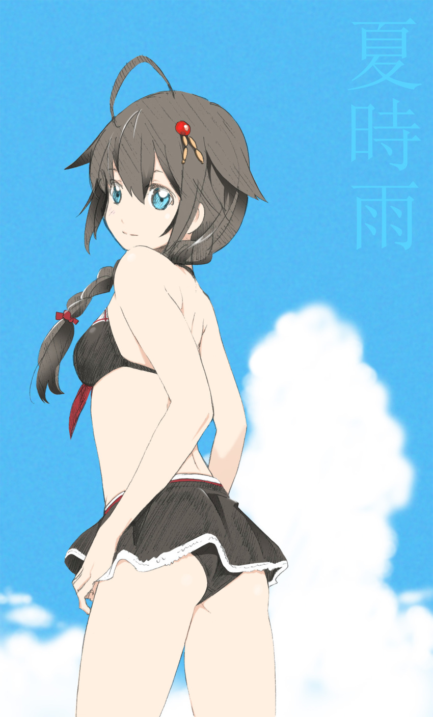 1girl ahoge bikini black_bikini black_hair black_skirt blue_eyes blue_sky braid clouds cowboy_shot hair_between_eyes hair_ornament hair_over_shoulder highres kantai_collection long_hair looking_at_viewer looking_back miniskirt shigure_(kantai_collection) single_braid sketch skirt sky smile solo standing swimsuit yoshinaga_yunosuke