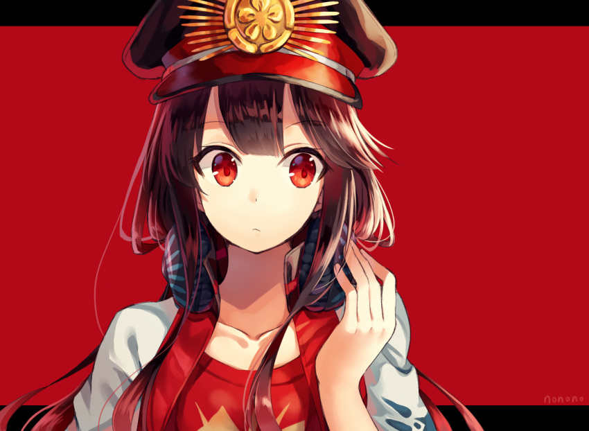 1girl artist_name black_hair buster_shirt fate/grand_order fate_(series) hat hat_ornament jacket light_frown long_hair nonono oda_nobunaga_(swimsuit_berserker)_(fate) peaked_cap red_eyes solo wide-eyed