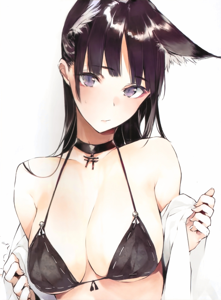 1girl absurdres animal_ears bangs bare_shoulders bikini bikini_top black_bikini black_bikini_top black_hair blunt_bangs breasts choker cleavage collarbone cropped eyebrows_visible_through_hair fingernails front-tie_bikini front-tie_top highres looking_at_viewer medium_breasts original scan shiny shiny_hair shunsei_(muratou) simple_background solo sweatdrop swimsuit torii upper_body violet_eyes