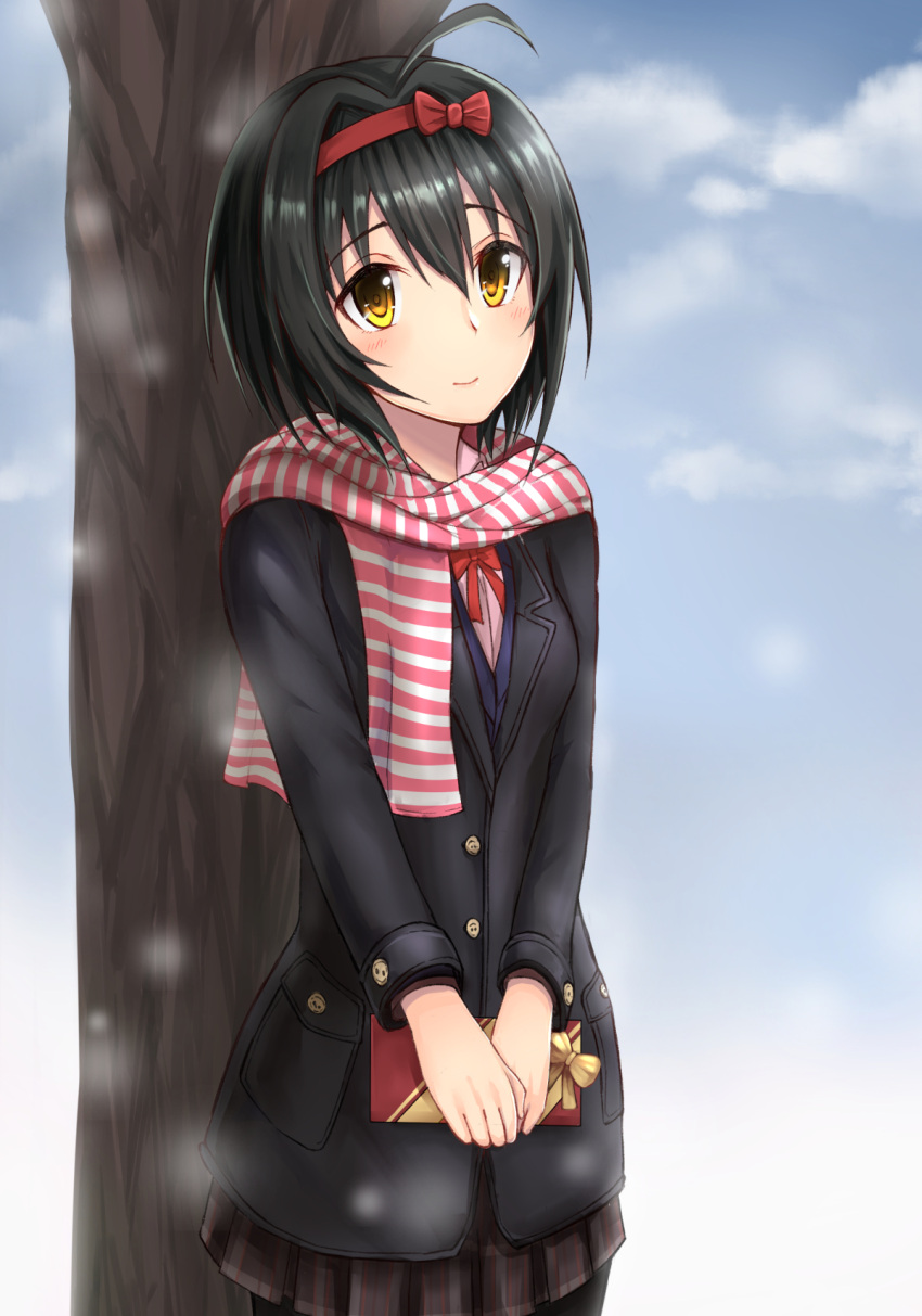 1girl achiv ahoge black_hair blush brown_eyes coat hair_intakes hairband highres idolmaster idolmaster_cinderella_girls kohinata_miho long_sleeves looking_at_viewer pleated_skirt scarf school_uniform short_hair skirt smile solo striped striped_scarf valentine yellow_eyes