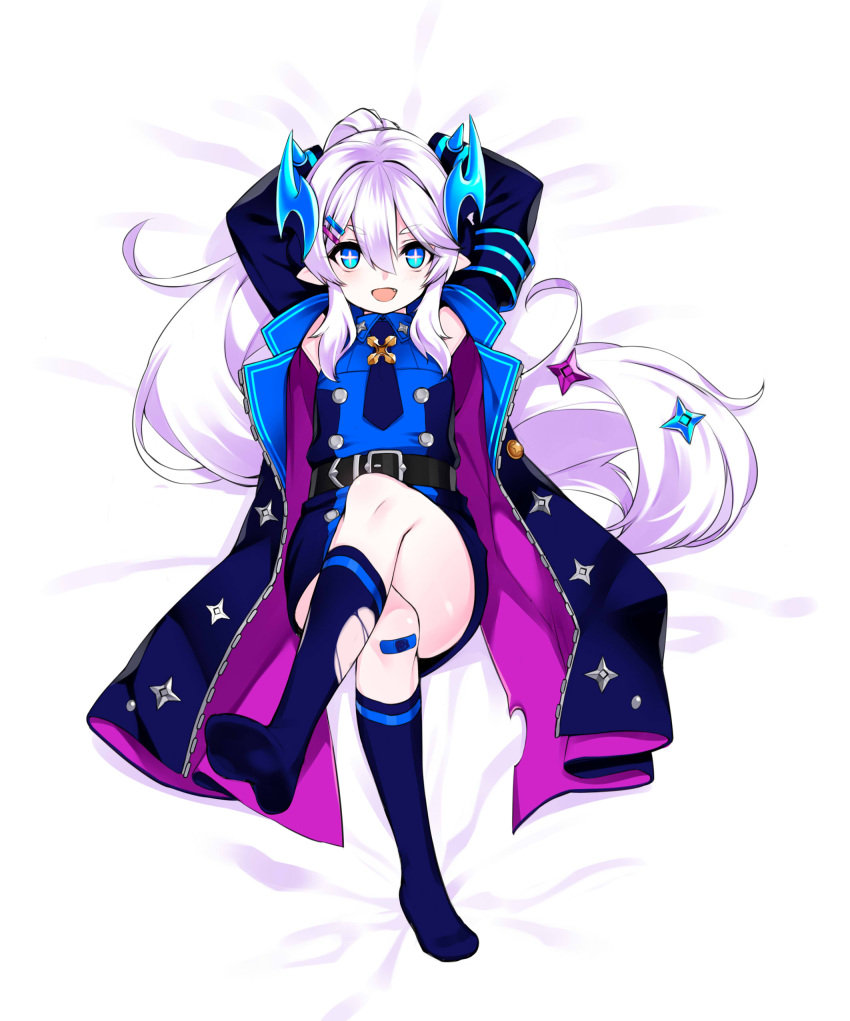 1girl absurdres arms_behind_head bed_sheet blue_dress blue_eyes blue_neckwear dress elsword fang from_above hair_between_eyes highres kuro_(kuronell) long_hair looking_at_viewer luciela_r._sourcream lying necktie on_back open_mouth ponytail shiny shiny_skin short_dress silver_hair sleeveless sleeveless_dress solo torn_kneehighs very_long_hair white_background
