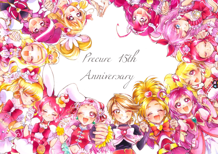 6+girls :d ;d absurdres aida_mana aino_megumi animal_ears anniversary asahina_mirai blonde_hair blush bow brooch brown_eyes brown_hair cake_hair_ornament circle_formation closed_eyes closed_mouth color_connection copyright_name cure_black cure_bloom cure_blossom cure_dream cure_flora cure_happy cure_heart cure_lovely cure_melody cure_miracle cure_peach cure_whip cure_yell dokidoki!_precure earrings everyone facing_viewer flower food_themed_hair_ornament fresh_precure! frills futari_wa_precure futari_wa_precure_splash_star gloves go!_princess_precure grin hair_bow hair_flower hair_ornament hair_ribbon hair_rings hanasaki_tsubomi hand_holding happinesscharge_precure! haruno_haruka hat heart heart_earrings heart_hair_ornament heartcatch_precure! highres hoshizora_miyuki houjou_hibiki hugtto!_precure hyuuga_saki jewelry kirakira_precure_a_la_mode long_hair looking_at_viewer mahou_girls_precure! mikan_(mikataaaa) mini_hat mini_witch_hat misumi_nagisa momozono_love multicolored_hair multiple_girls nono_hana one_eye_closed open_mouth pink_bow pink_eyes pink_hair pink_hat pink_shirt ponytail precure precure_all_stars rabbit_ears red_ribbon ribbon shirt short_hair simple_background smile smile_precure! streaked_hair suite_precure teeth tiara twintails two-tone_hair usami_ichika white_background white_bow white_gloves witch_hat wrist_cuffs yes!_precure_5 yes!_precure_5_gogo! yumehara_nozomi