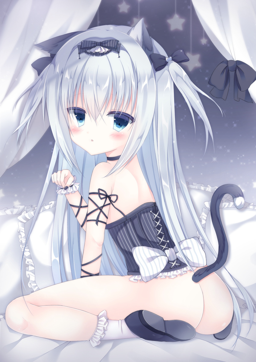 1girl :o absurdres animal_ears ass bangs bare_shoulders black_bow black_choker black_footwear black_nails blue_eyes blush bottomless bow cat_ears cat_girl cat_hair_ornament cat_tail choker commentary_request corset eyebrows_visible_through_hair fang fingernails frilled_pillow frills hair_between_eyes hair_bow hair_ornament highres long_hair looking_at_viewer looking_to_the_side nail_polish original parted_lips pillow saeki_sora shoes sidelocks silver_hair sitting socks solo tail two_side_up very_long_hair wariza white_legwear