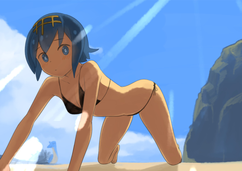 1girl all_fours barefoot beach bikini black_bikini blue_eyes blue_hair blue_sky blush breasts bright_pupils closed_mouth clouds collarbone day hairband lapras looking_at_viewer nishi_tanuki outdoors pokemon pokemon_(creature) pokemon_(game) pokemon_sm rock short_hair side-tie_bikini sky small_breasts solo suiren_(pokemon) sunlight swimsuit water