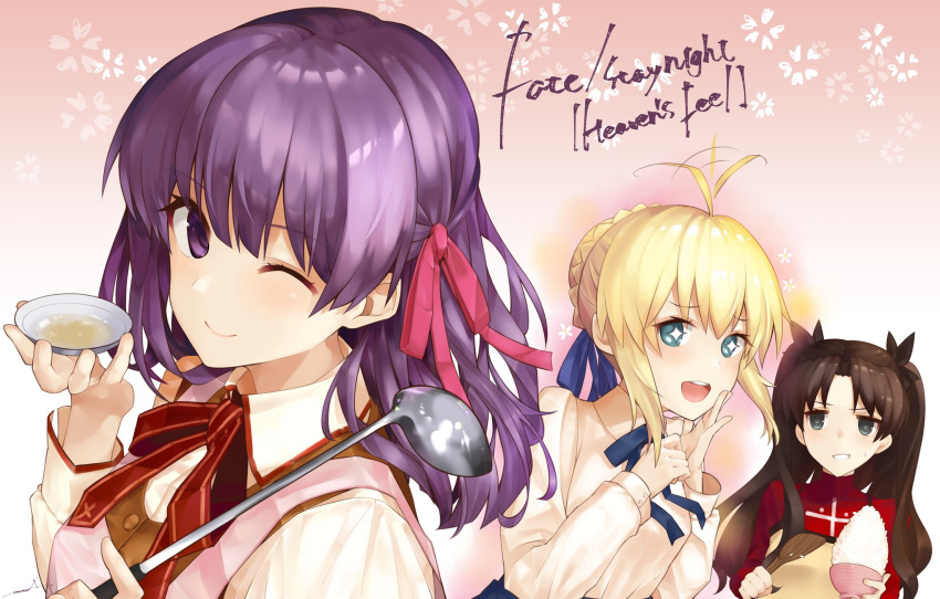 3girls ;) ahoge artoria_pendragon_(all) black_ribbon blonde_hair blue_ribbon brown_hair copyright_name fate/stay_night fate_(series) green_eyes hair_ribbon highres holding long_hair looking_at_viewer matou_sakura multiple_girls neck_ribbon one_eye_closed pink_background pink_ribbon purple_hair red_ribbon red_shirt ribbon rice saber shirt short_hair_with_long_locks sidelocks smile tohsaka_rin twintails upper_body utayoi_(umakatare) violet_eyes white_shirt